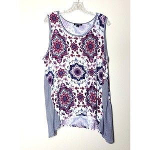 Roz & Ali Top Size 2X Sleeveless Mandala Print Stripe Boho Stretch Multicolor